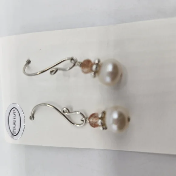 💎Sterling Silver Earrings with Freshwater Pearl and Sunstone Gemstones - Picture 5 of 9